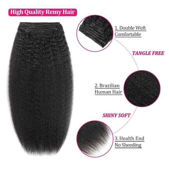 New 8PCS Kinky Straight Clip-in Human Hair Extensions 20" Natural Black Remy - Picture 4 of 9